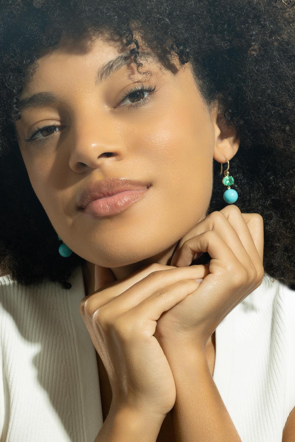 Emerald Turquoise Gumball Diamond Earrings-YELLOW GOLD-JEWELRYFINE JEWELEARRING-IRENE NEUWIRTH JEWELRY