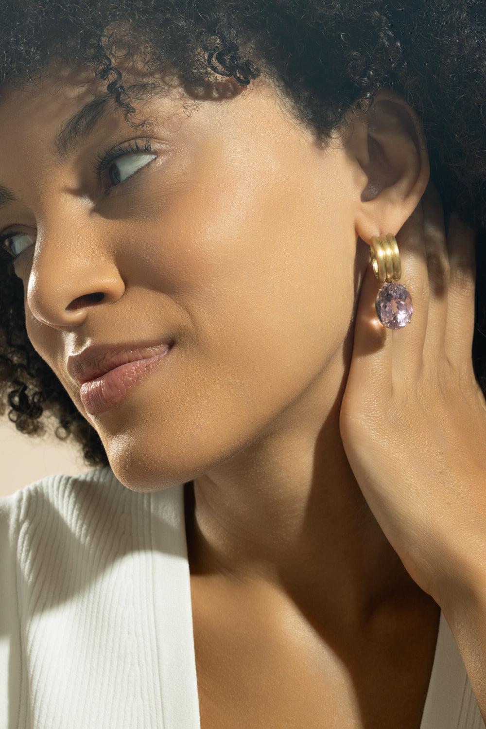 Kunzite Gemmy Gem Huggie Earrings-YELLOW GOLD-JEWELRYFINE JEWELEARRING-IRENE NEUWIRTH JEWELRY