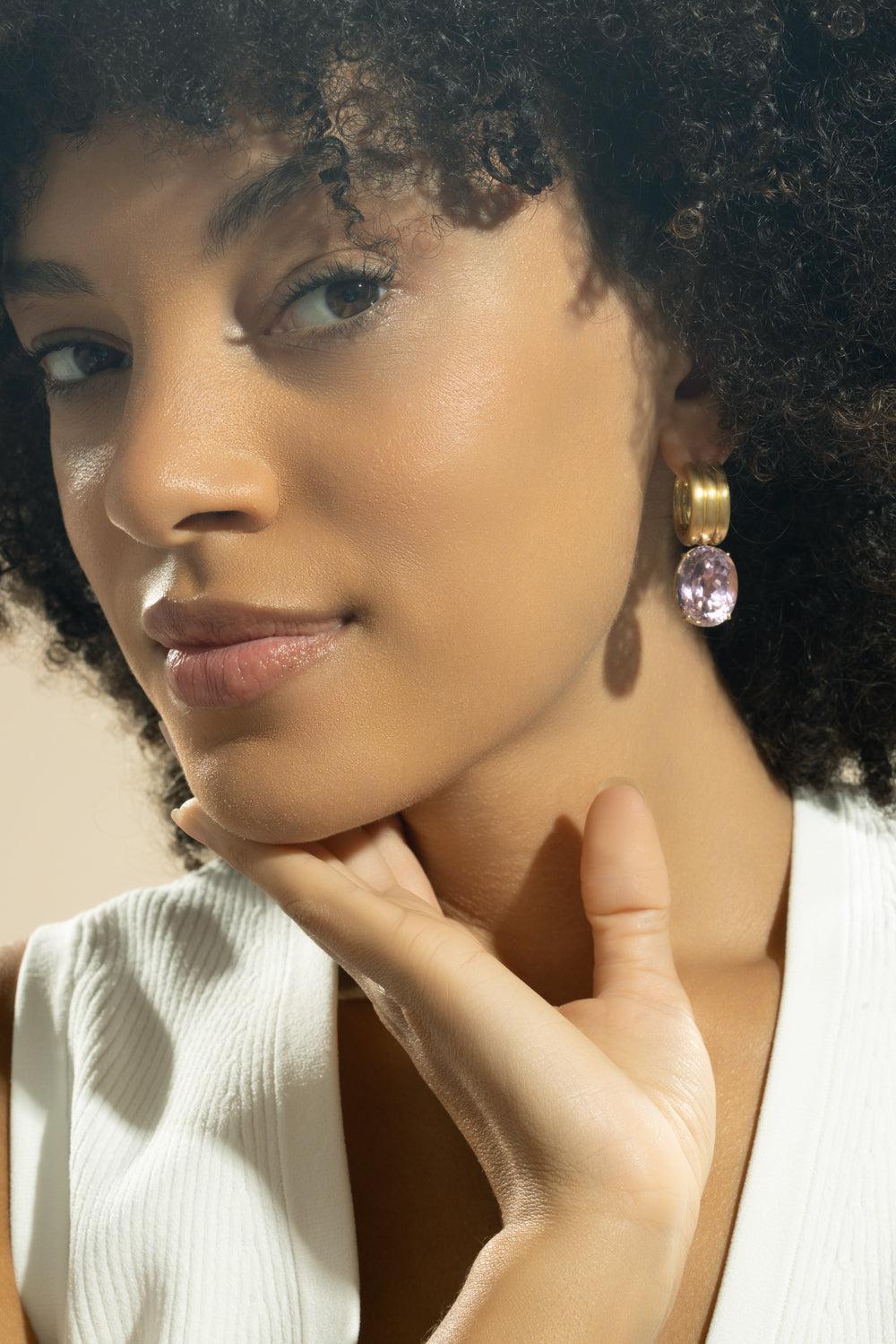 Kunzite Gemmy Gem Huggie Earrings-YELLOW GOLD-JEWELRYFINE JEWELEARRING-IRENE NEUWIRTH JEWELRY