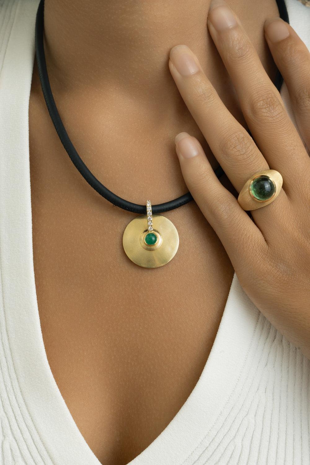 Diamond Emerald Cabochon Small Cymbal Pendant-YELLOW GOLD-JEWELRYFINE JEWELPENDANT-JADE RUZZO