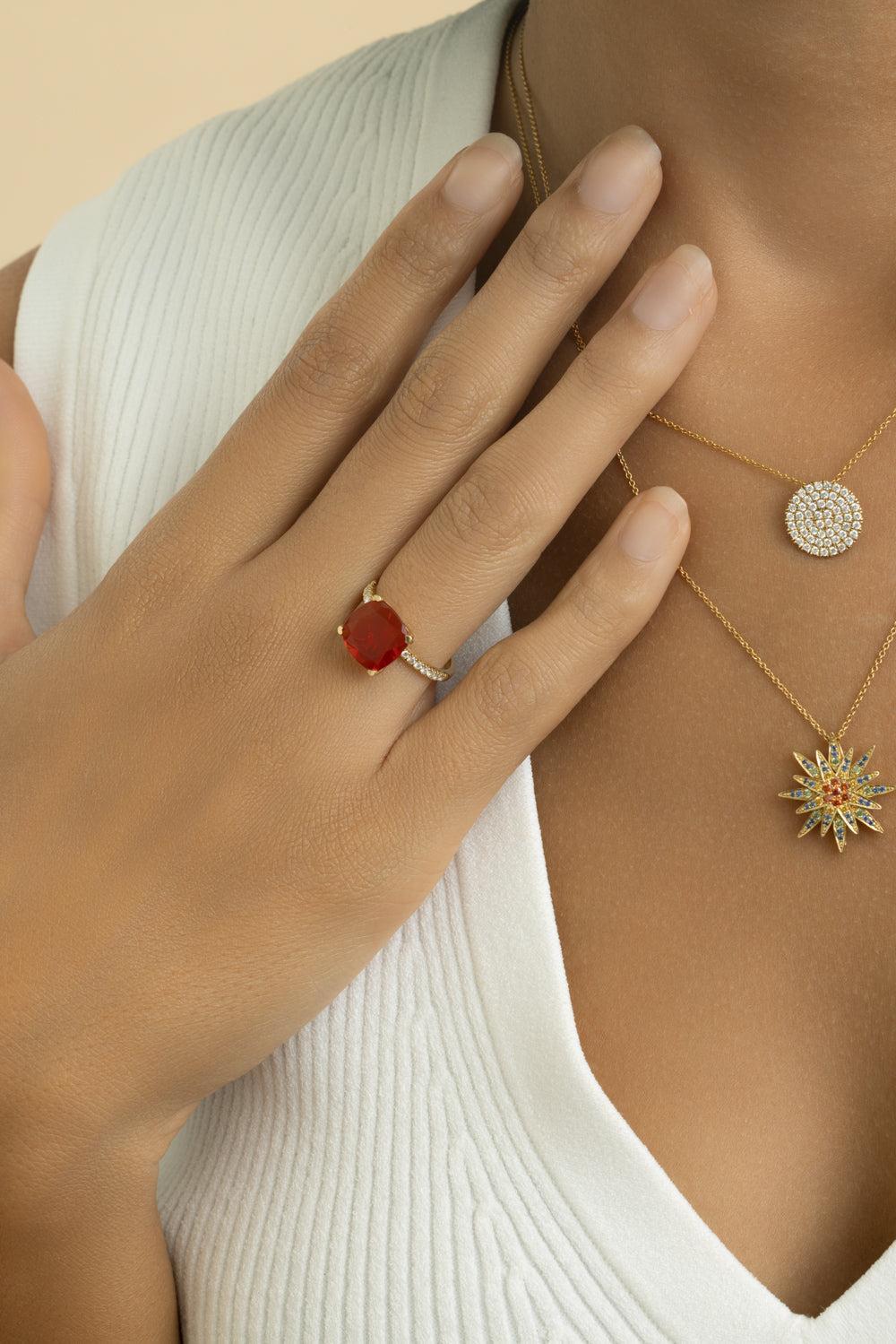 Fire Opal Diamond Cushion Ring-YELLOW GOLD-5.75-JEWELRYFINE JEWELRING-LISA NIK