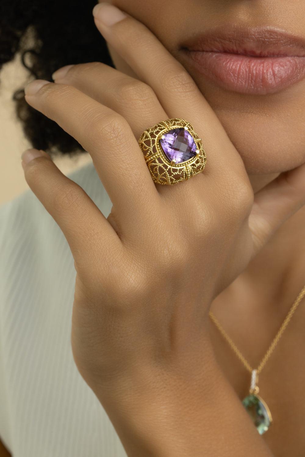 Amethyst Textured Ring-YELLOW GOLD-5.75-JEWELRYFINE JEWELRING-LISA NIK