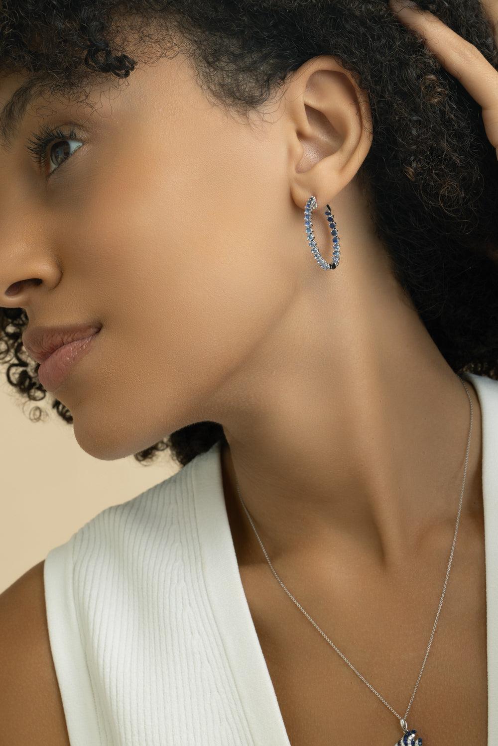 Blue Sapphire Ombre Hoop Earrings-WHITE GOLD-JEWELRYFINE JEWELEARRING-LISA NIK