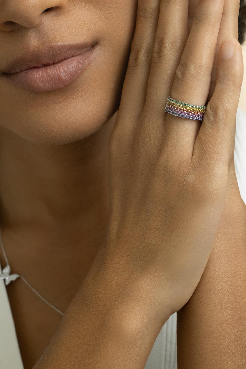 Rainbow Sapphire Five Row Ring-WHITE GOLD-6-JEWELRYFINE JEWELRING-LISA NIK