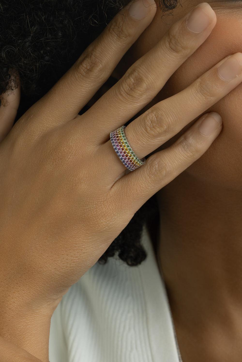 Rainbow Sapphire Five Row Ring-WHITE GOLD-6-JEWELRYFINE JEWELRING-LISA NIK