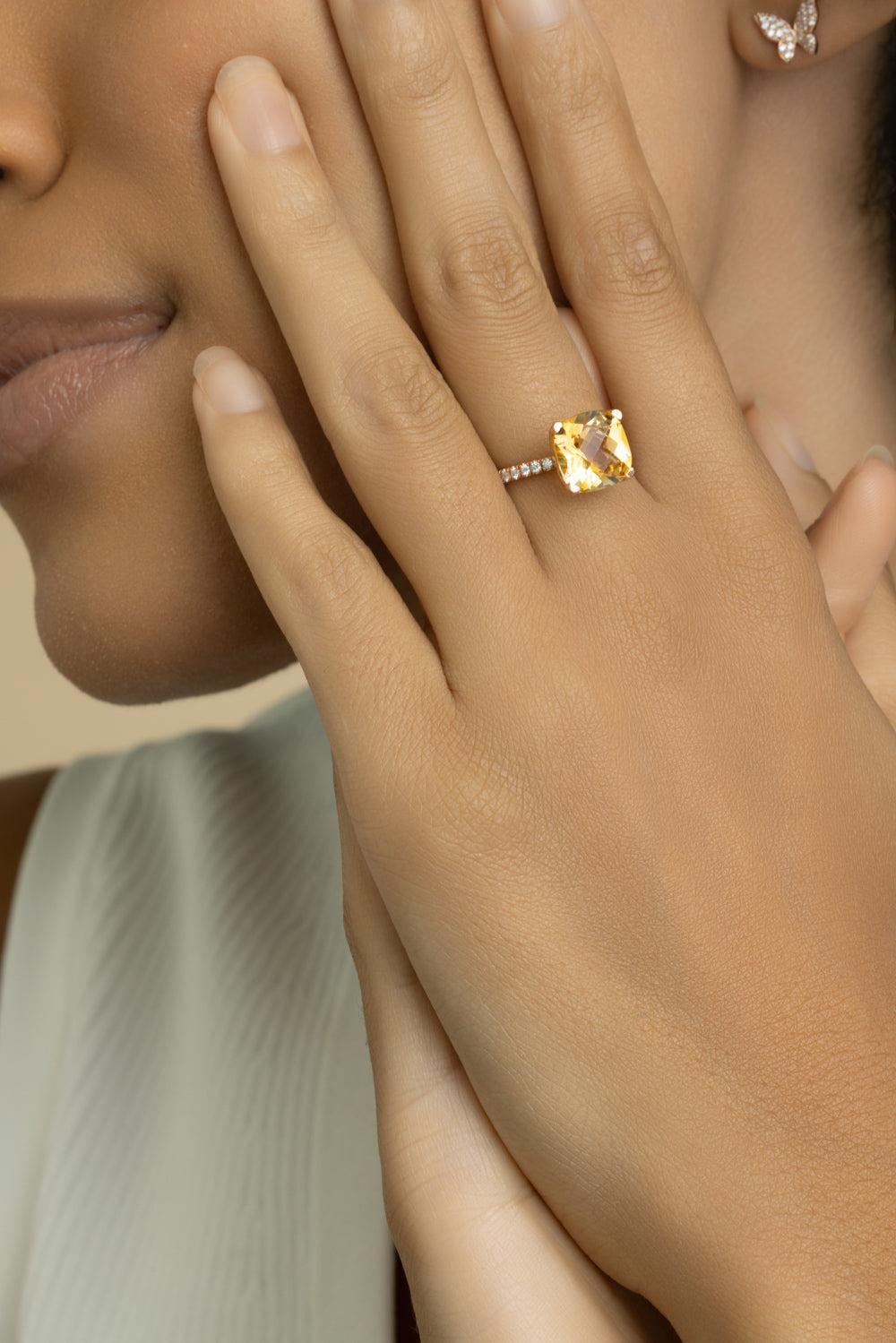 Diamond Citrine Cushion Ring-ROSE GOLD-5.5-JEWELRYFINE JEWELRING-LISA NIK