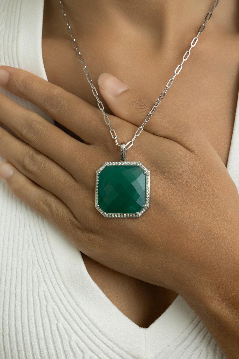 Green Agate Diamond Square Necklace-WHITE GOLD-JEWELRYFINE JEWELNECKLACE O-LISA NIK