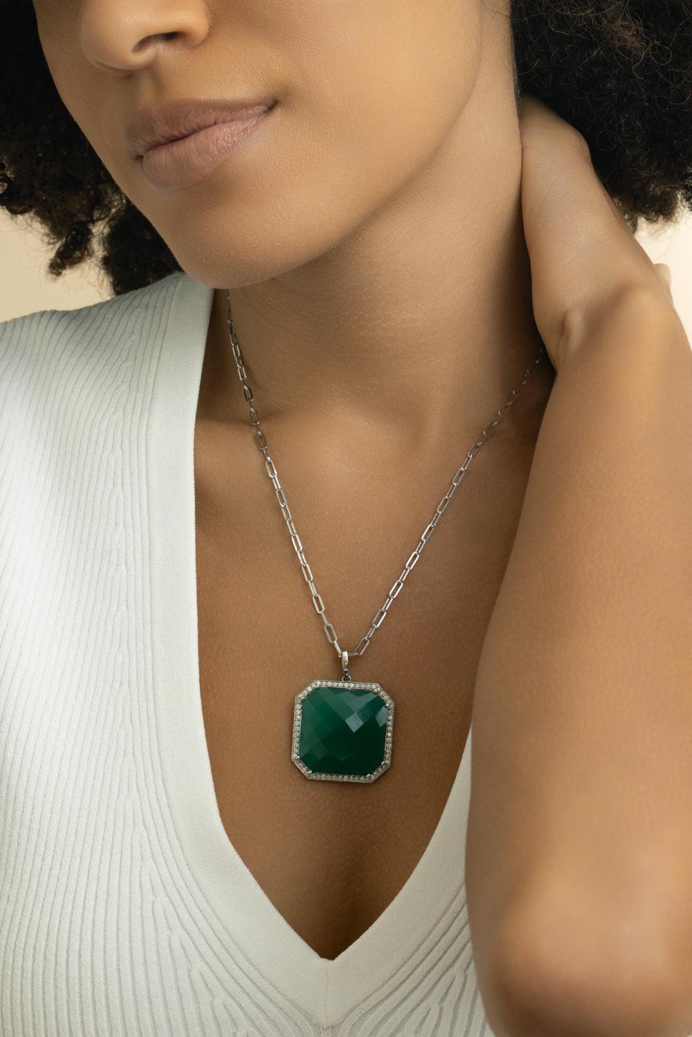 Green Agate Diamond Square Necklace-WHITE GOLD-JEWELRYFINE JEWELNECKLACE O-LISA NIK