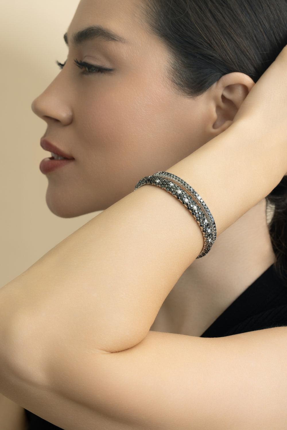 Black White Diamond Stretch Bracelet-WHITE GOLD-JEWELRYFINE JEWELBRACELET O-ZYDO