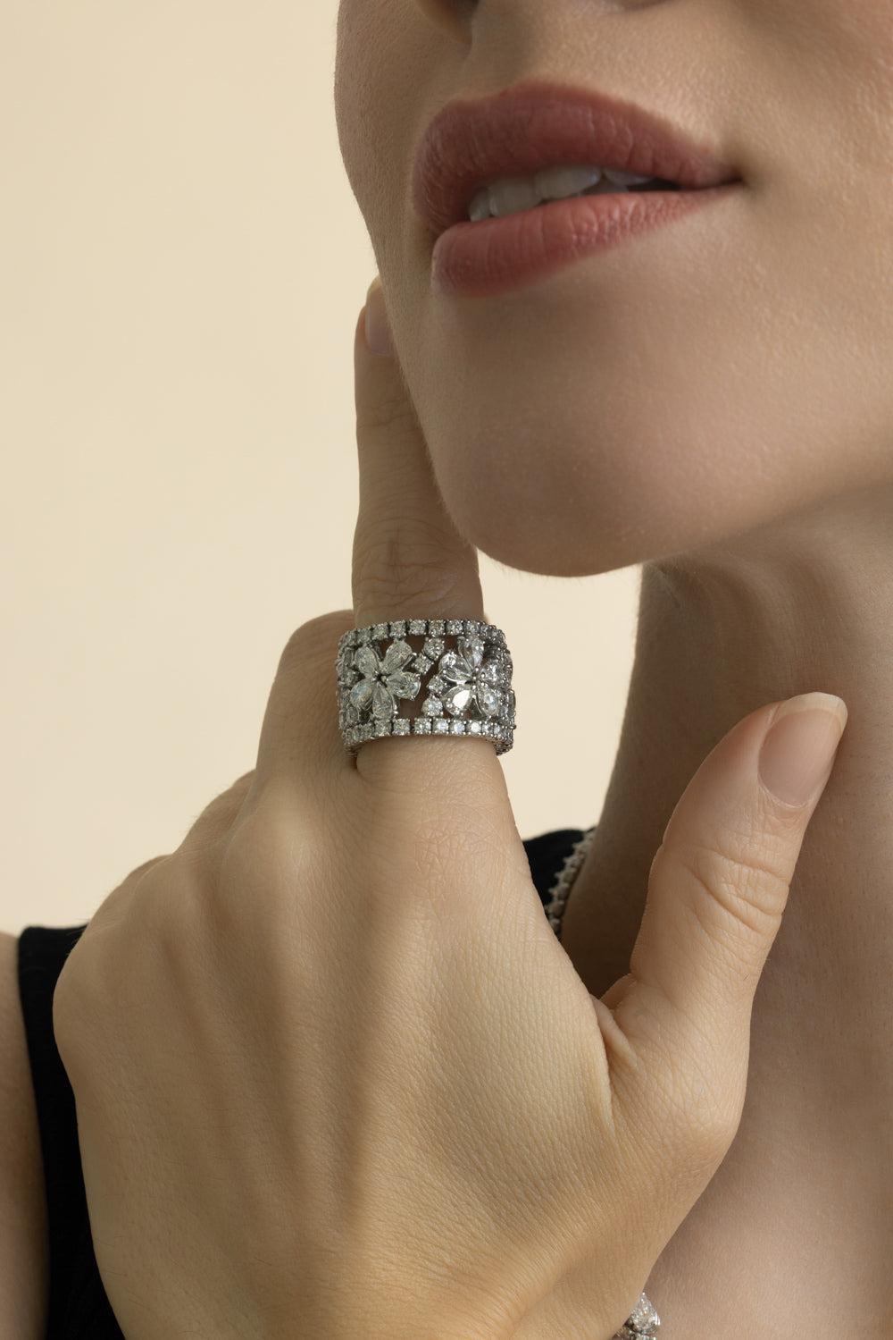 Diamond Wide Flower Ring-WHITE GOLD-6.5-JEWELRYFINE JEWELRING-ZYDO