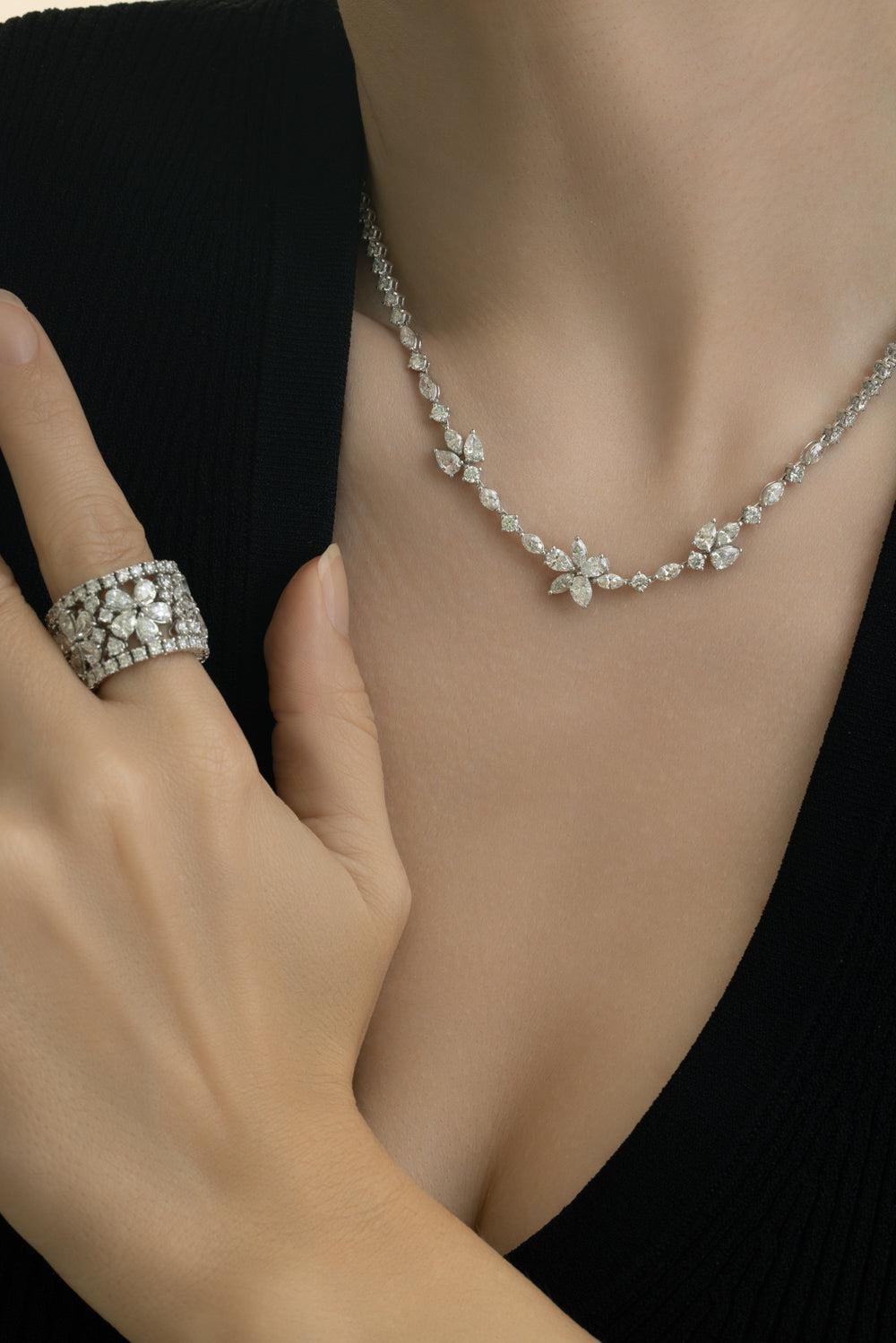 All Diamond Three Cluster Necklace-WHITE GOLD-JEWELRYFINE JEWELNECKLACE O-ZYDO