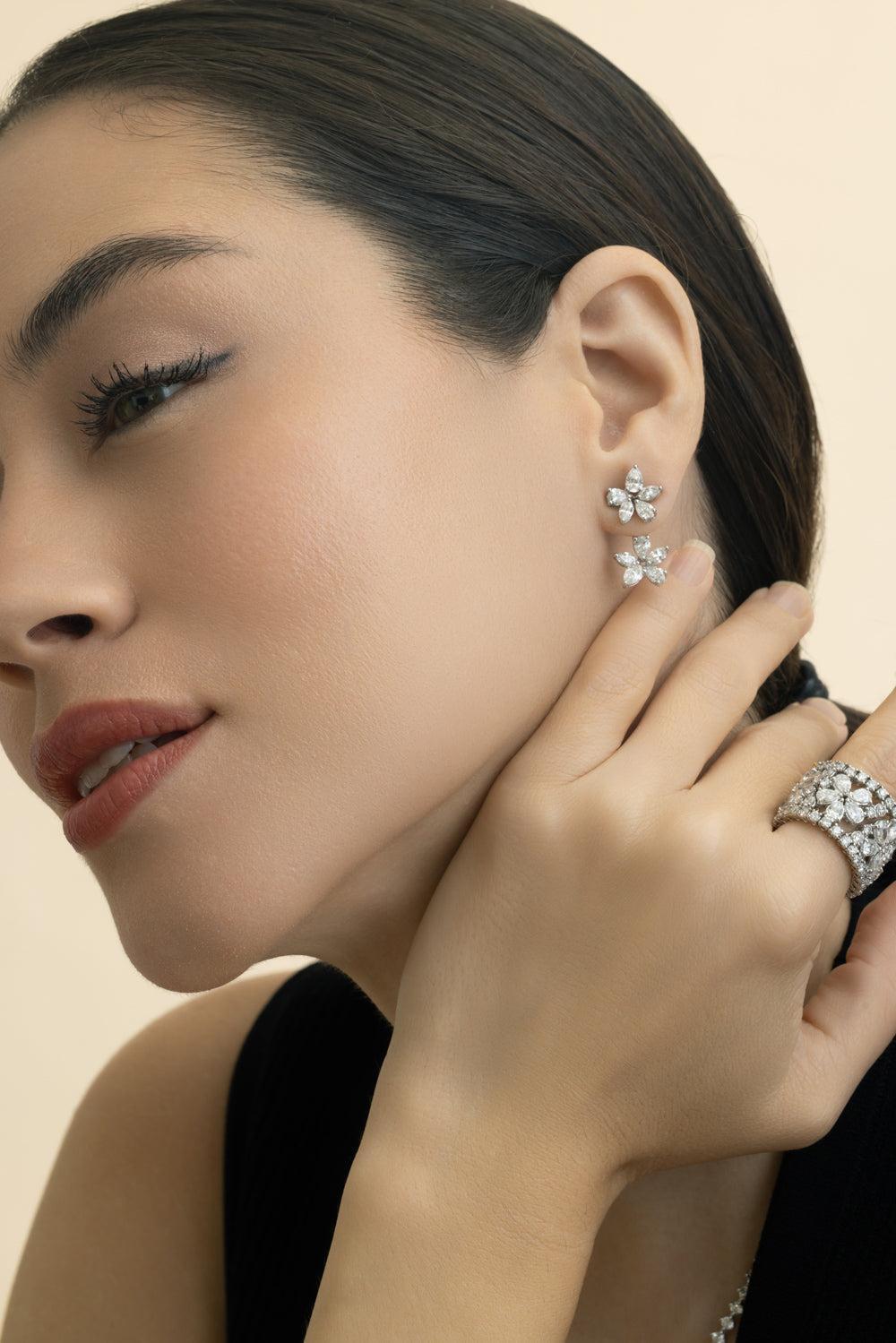 Diamond Double Flower Earrings-WHITE GOLD-JEWELRYFINE JEWELEARRING-ZYDO