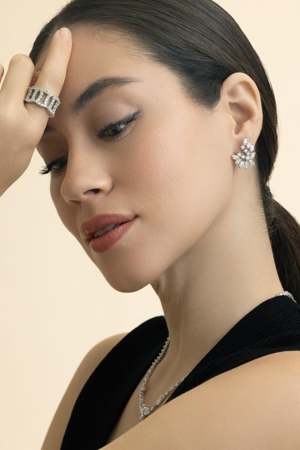 Round Marquise Diamond Cluster Earrings-WHITE GOLD-JEWELRYFINE JEWELEARRING-ZYDO