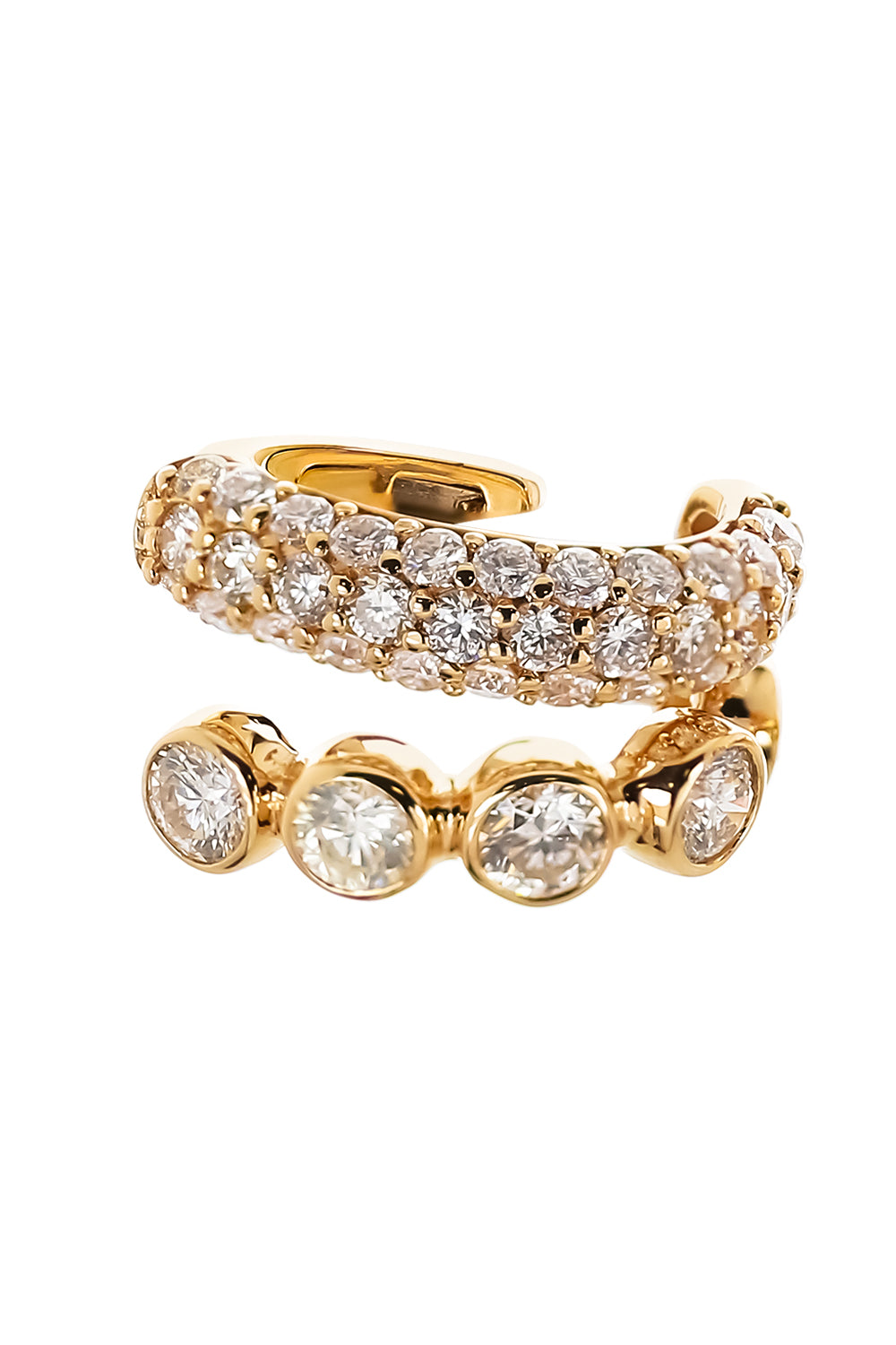 Diamond Bezel Row Pave Two Row Ear Cuff - Yellow Gold