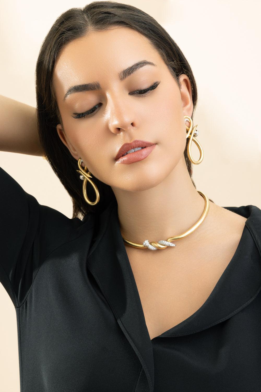 Diamond Hammered Triple Infinity Earrings-YELLOW GOLD-JEWELRYFINE JEWELEARRING-DAVID WEBB