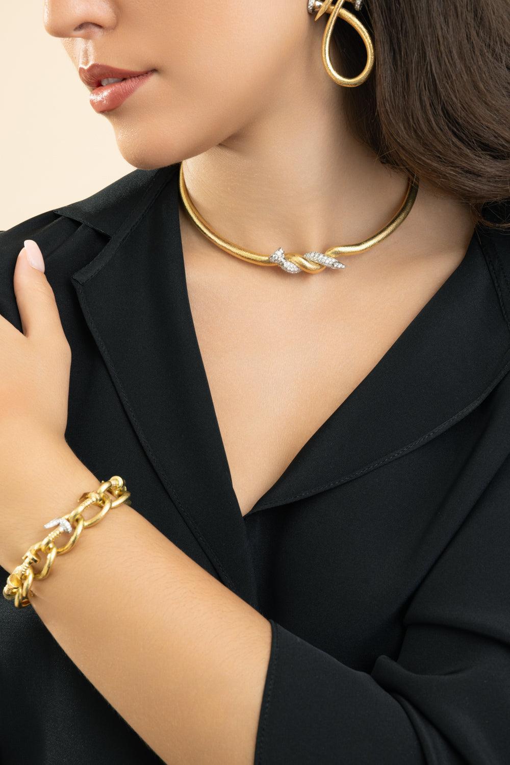 Two Tone Hammered Twisted Nail Necklace-YELLOW GOLD-JEWELRYFINE JEWELNECKLACE O-DAVID WEBB