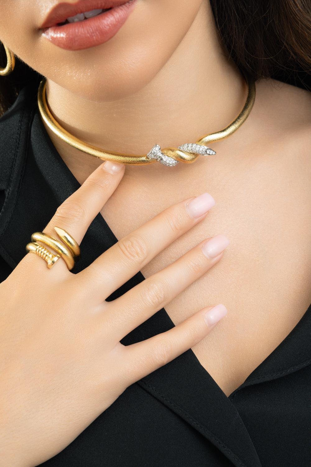 Two Tone Hammered Twisted Nail Necklace-YELLOW GOLD-JEWELRYFINE JEWELNECKLACE O-DAVID WEBB