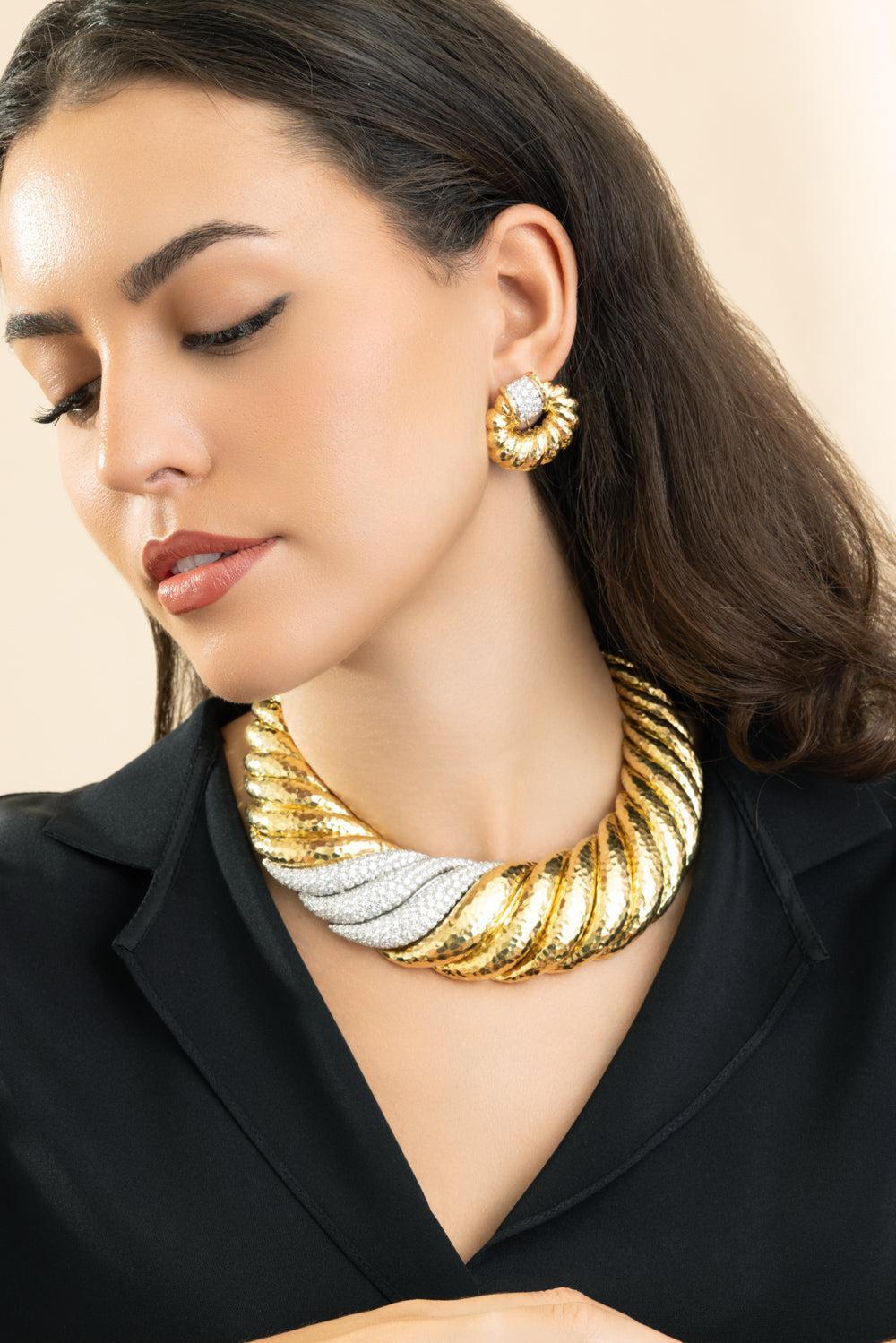 Diamond Hammered Boulevard Necklace-YELLOW GOLD-JEWELRYFINE JEWELNECKLACE O-DAVID WEBB