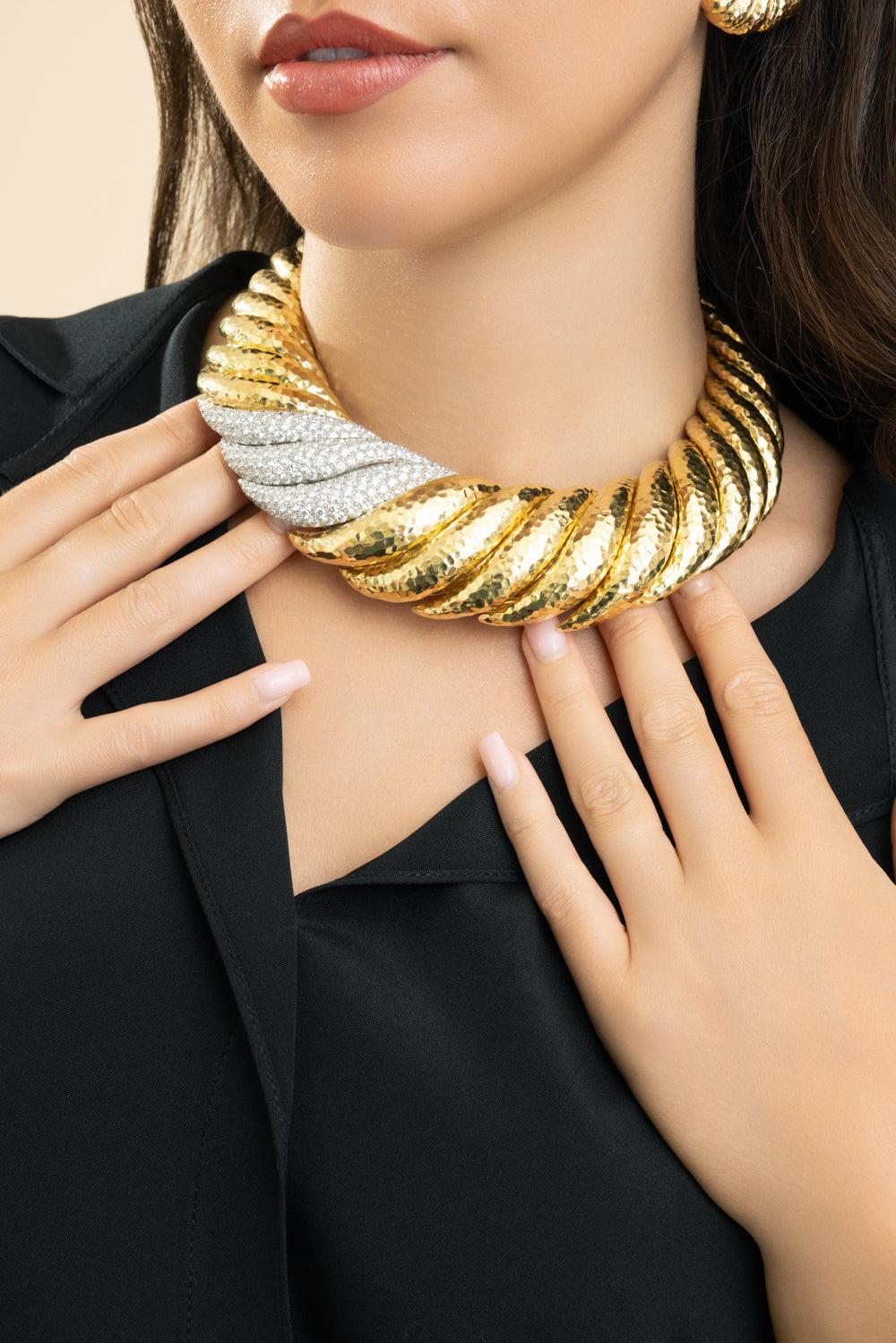 Diamond Hammered Boulevard Necklace-YELLOW GOLD-JEWELRYFINE JEWELNECKLACE O-DAVID WEBB