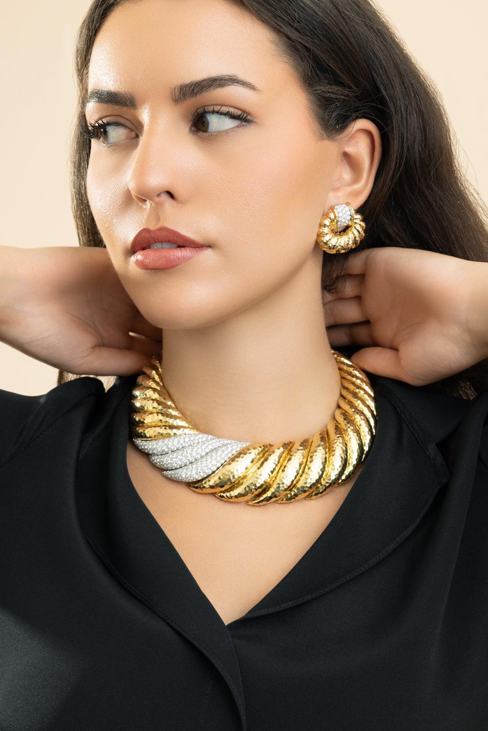 Diamond Hammered Boulevard Necklace-YELLOW GOLD-JEWELRYFINE JEWELNECKLACE O-DAVID WEBB