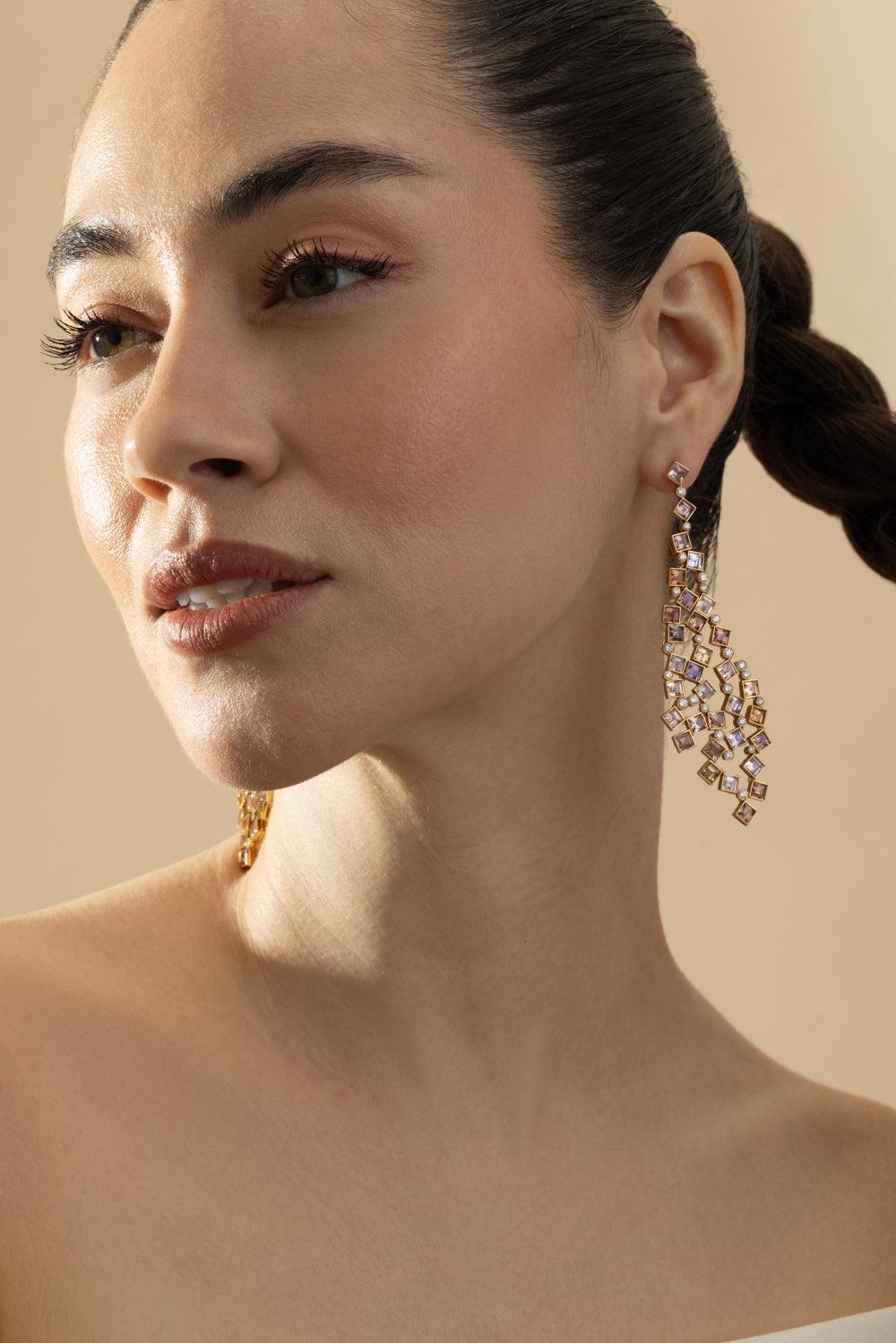 Multicolor Sapphire Cluster Earrings-YELLOW GOLD-JEWELRYFINE JEWELEARRING-CICADA