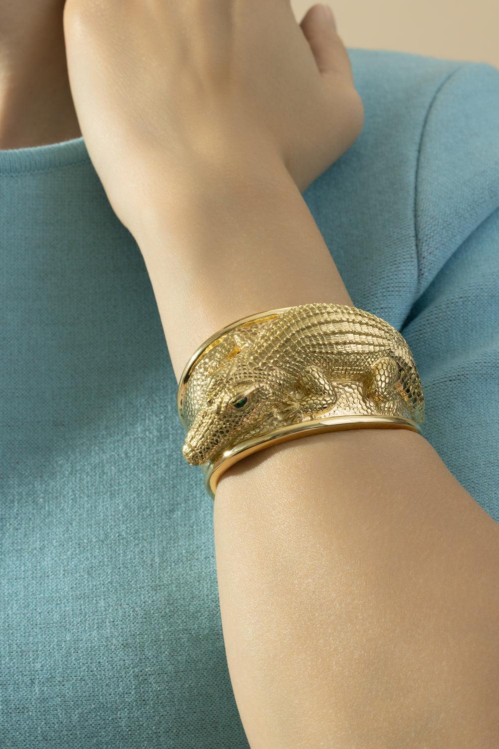 Emerald Repousse Alligator Cuff Bracelet-YELLOW GOLD-JEWELRYFINE JEWELBRACELET O-DAVID WEBB