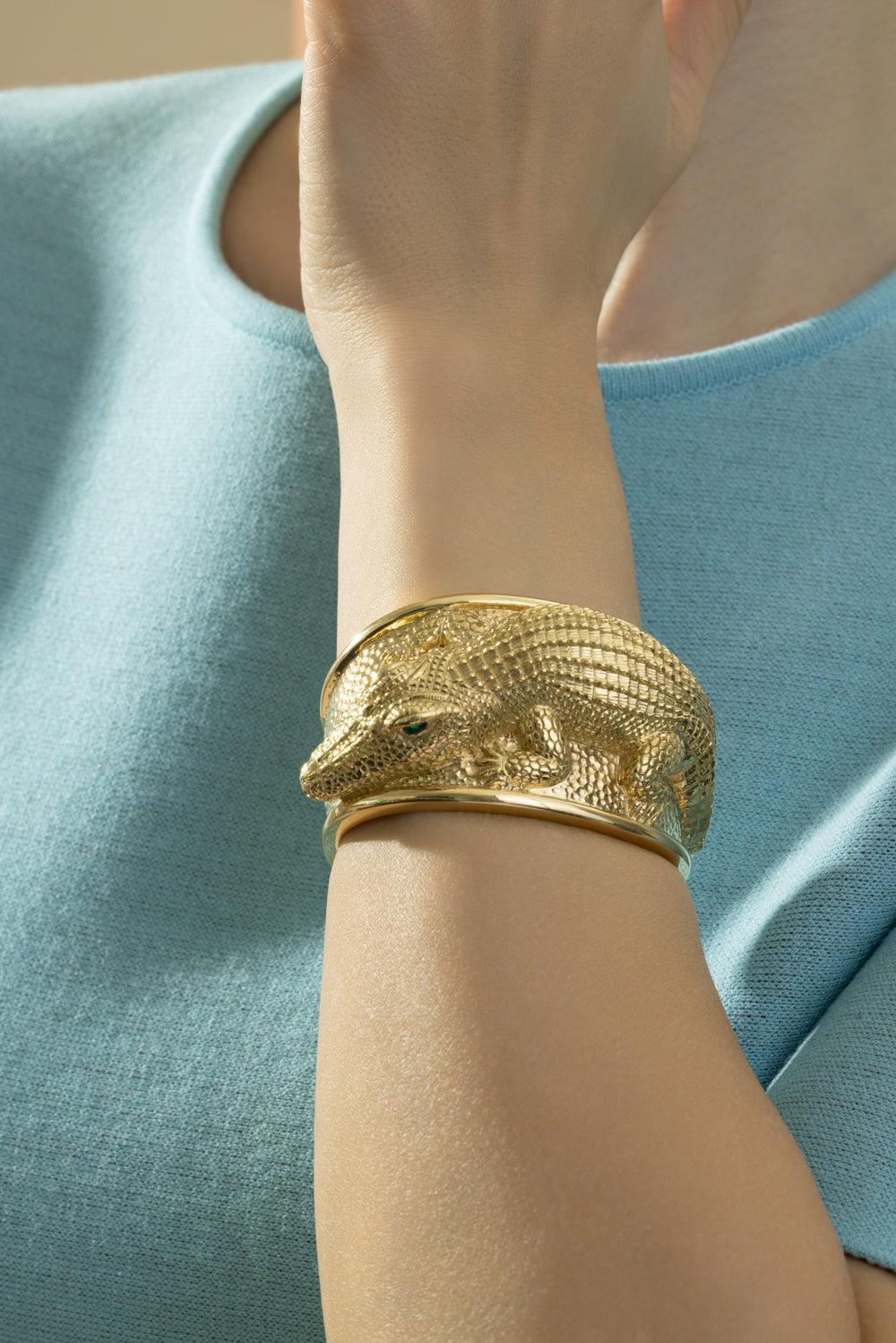 Emerald Repousse Alligator Cuff Bracelet-YELLOW GOLD-JEWELRYFINE JEWELBRACELET O-DAVID WEBB