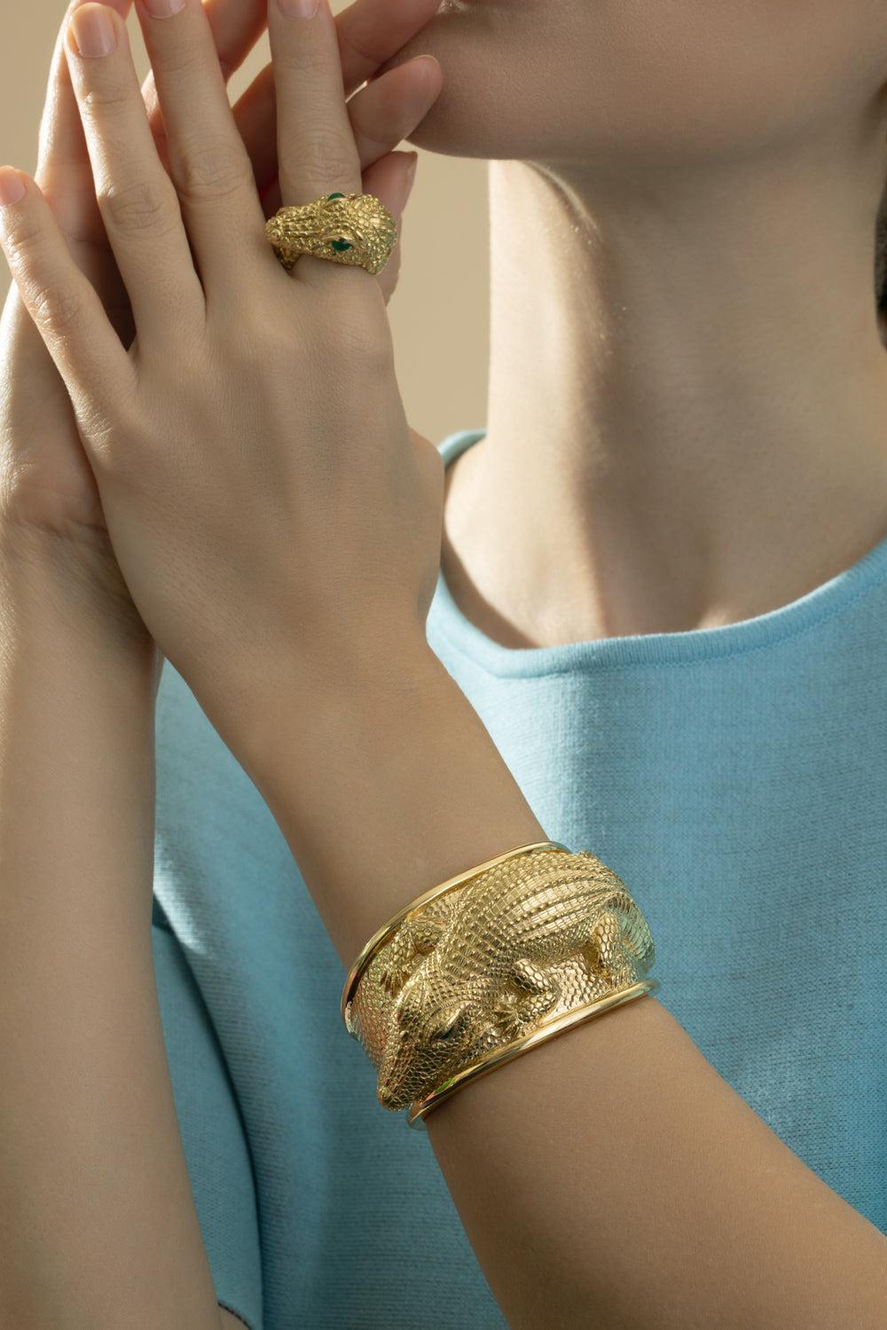 Emerald Repousse Alligator Cuff Bracelet-YELLOW GOLD-JEWELRYFINE JEWELBRACELET O-DAVID WEBB