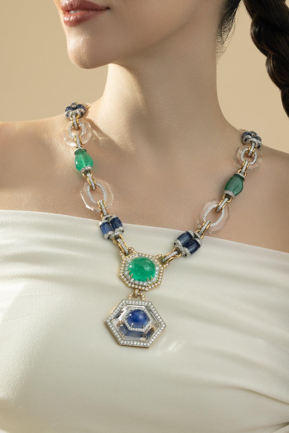 Emerald Sapphire Rock Crystal Diamond Necklace-YELLOW GOLD-JEWELRYFINE JEWELNECKLACE O-DAVID WEBB