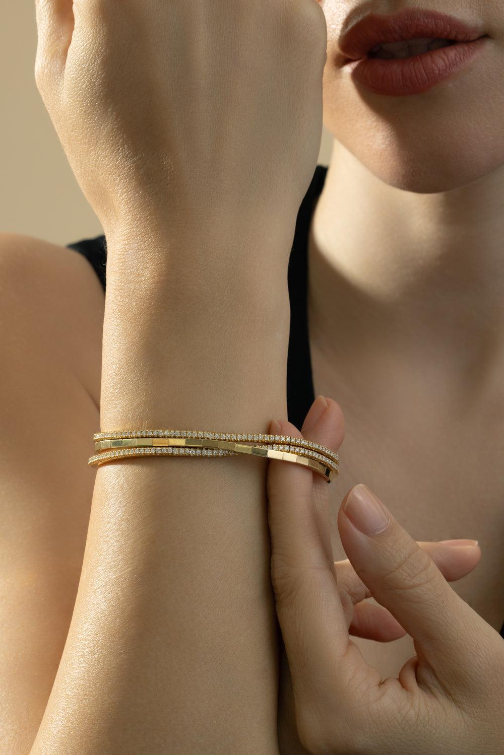 White Diamond Stretch Extensible Tennis Bracelet-YELLOW GOLD-JEWELRYFINE JEWELBRACELET O-ROBERTO DEMEGLIO