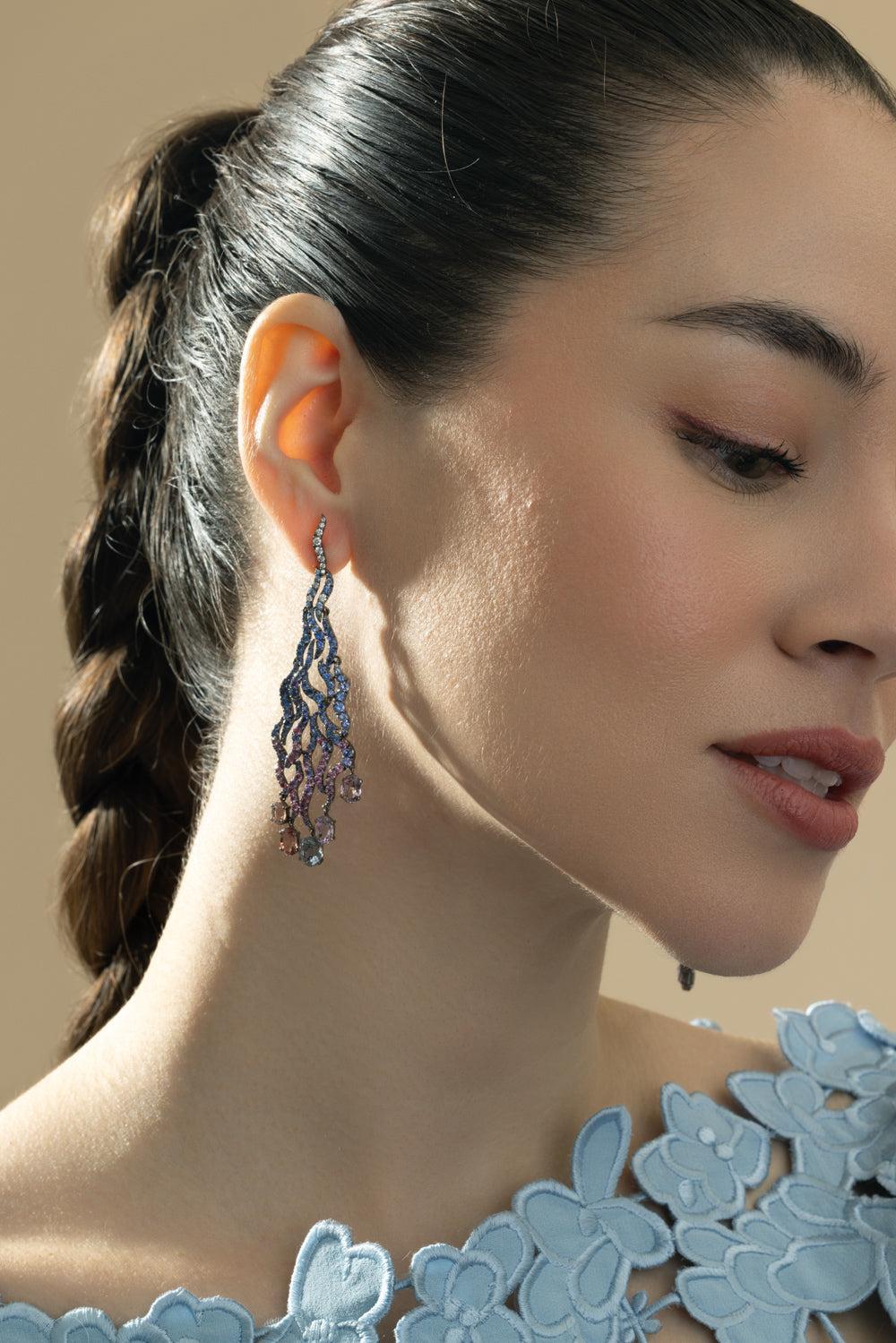 Mixed Sapphire Spinel Diamond Earrings-WHITE GOLD-JEWELRYFINE JEWELEARRING-CICADA