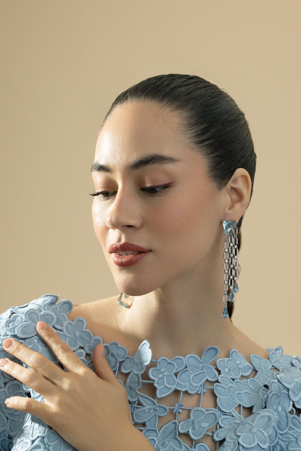Aquamarine Diamond Chandlier Drop Earrings-PLATINUM-JEWELRYFINE JEWELEARRING-CICADA