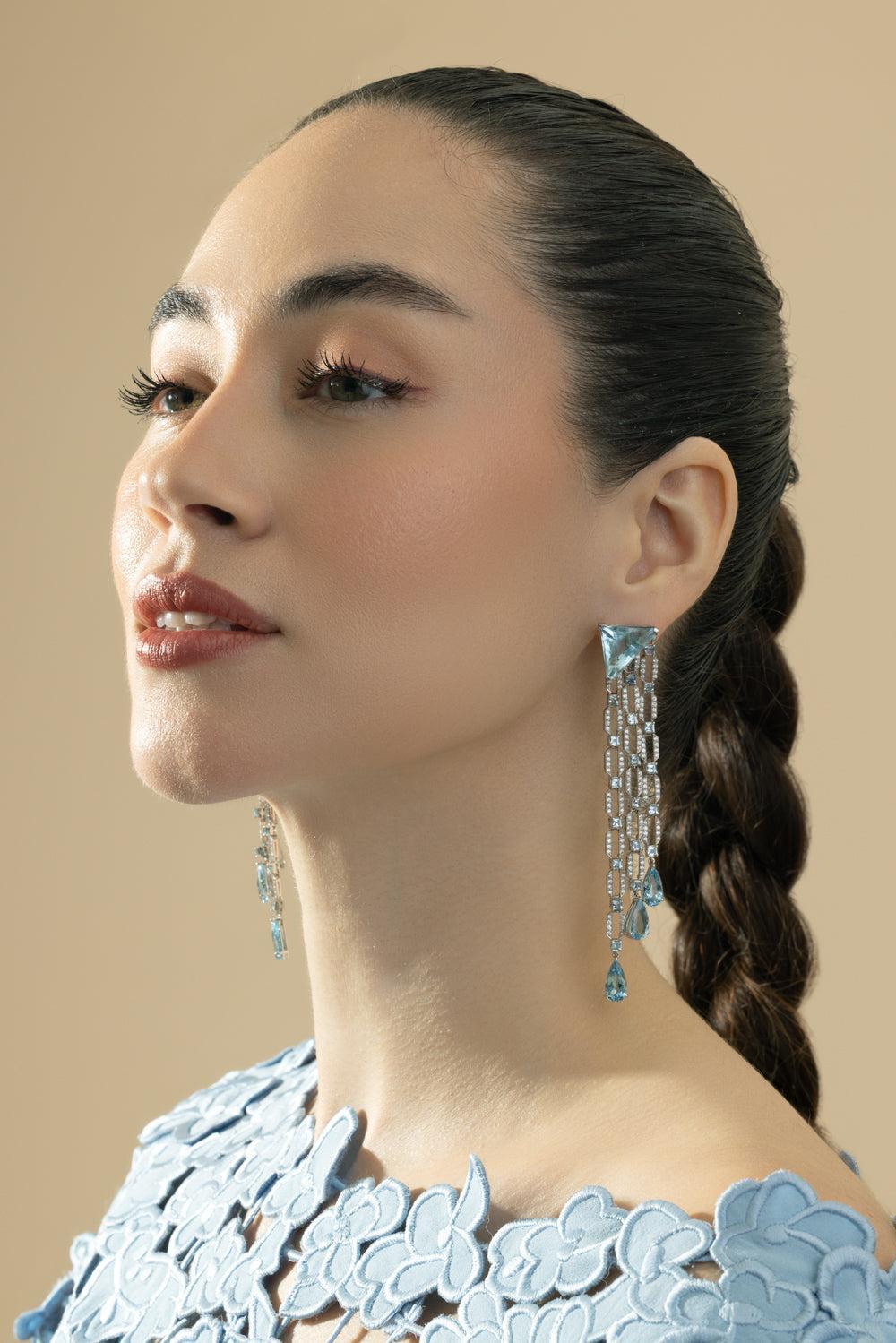 Aquamarine Diamond Chandlier Drop Earrings-PLATINUM-JEWELRYFINE JEWELEARRING-CICADA
