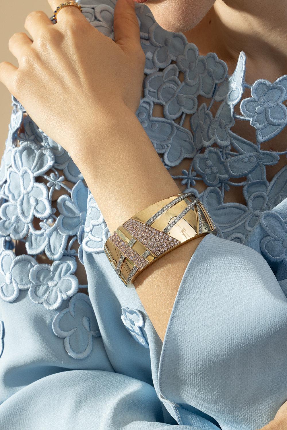Pink Blue Diamond Cuff Bracelet-YELLOW GOLD-JEWELRYFINE JEWELBRACELET O-CICADA