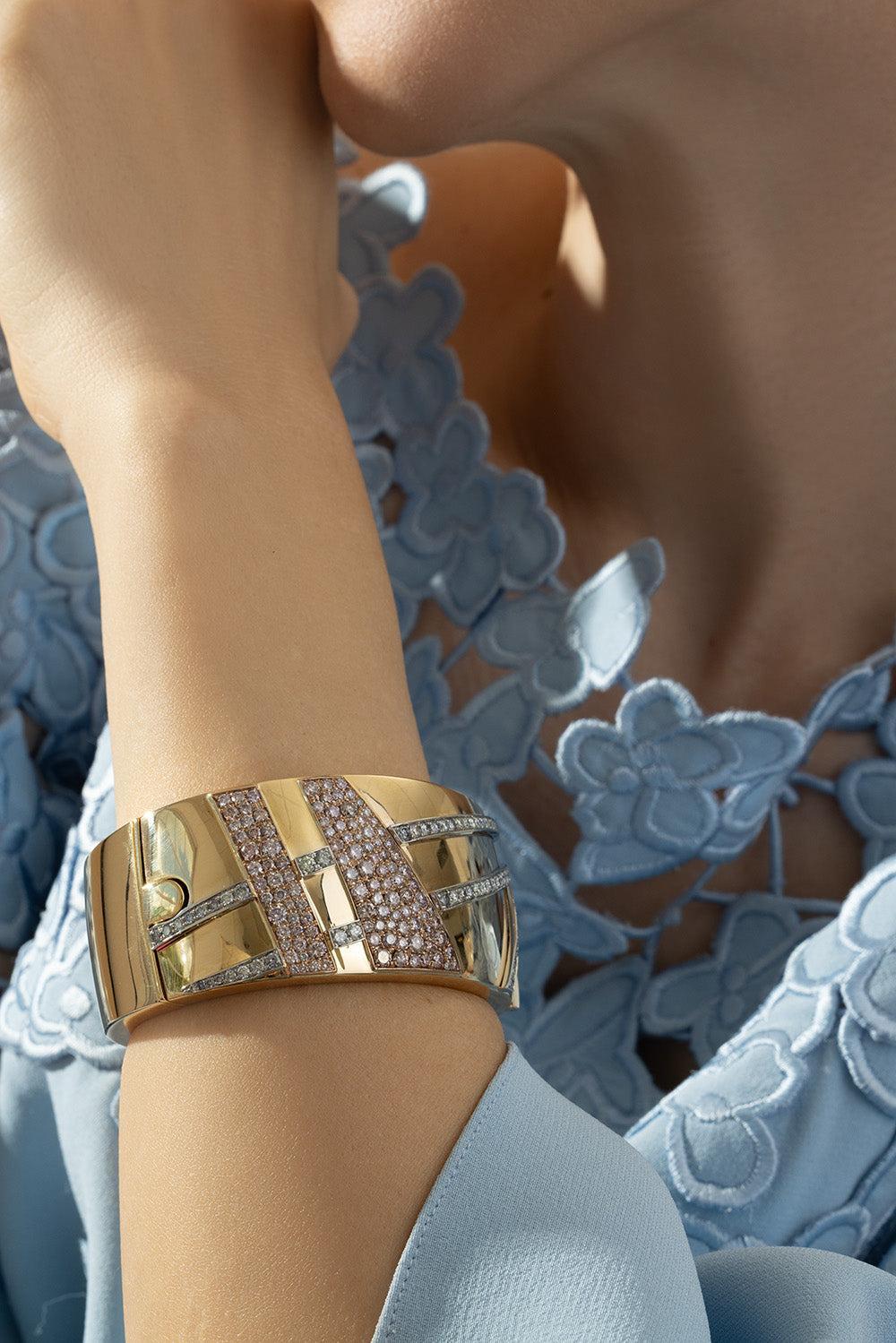 Pink Blue Diamond Cuff Bracelet-YELLOW GOLD-JEWELRYFINE JEWELBRACELET O-CICADA