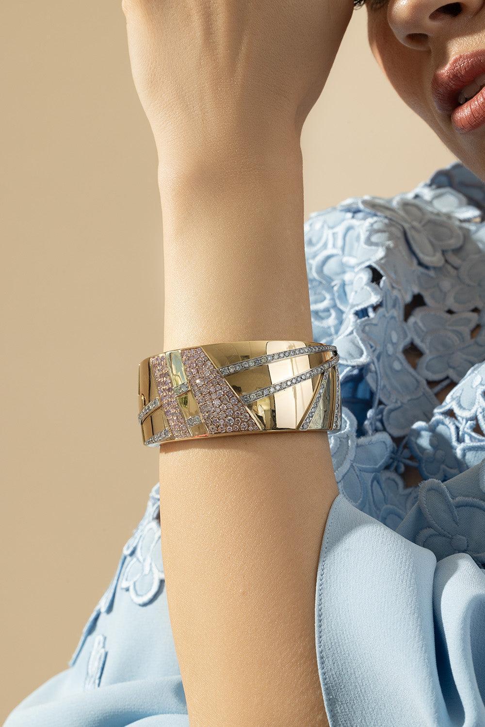 Pink Blue Diamond Cuff Bracelet-YELLOW GOLD-JEWELRYFINE JEWELBRACELET O-CICADA