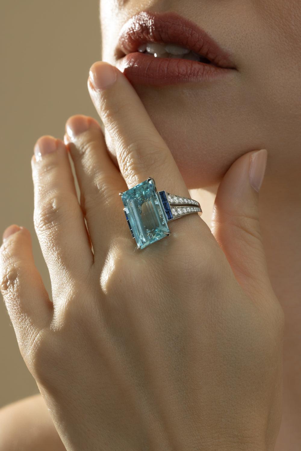 Aquamarine Blue Sapphire Diamond Ring-PLATINUM-6.5-JEWELRYFINE JEWELRING-CICADA