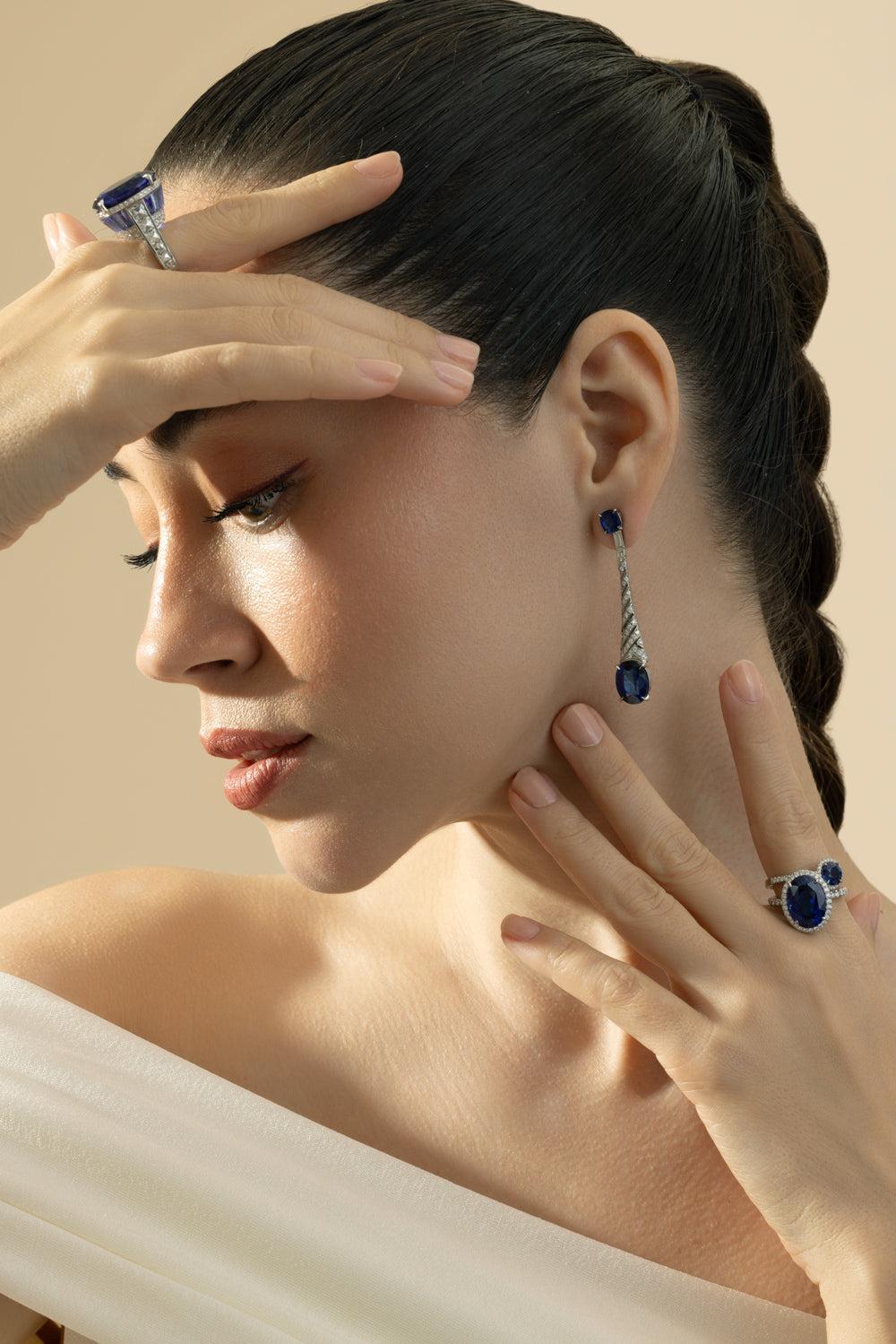 Sapphire Diamond Ball Drop Earrings-PLATINUM-JEWELRYFINE JEWELEARRING-CICADA