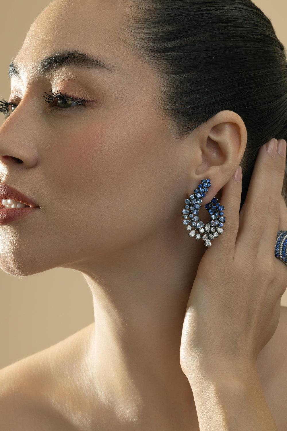 Sapphire Diamond Cluster Earrings-WHITE GOLD-JEWELRYFINE JEWELEARRING-CICADA