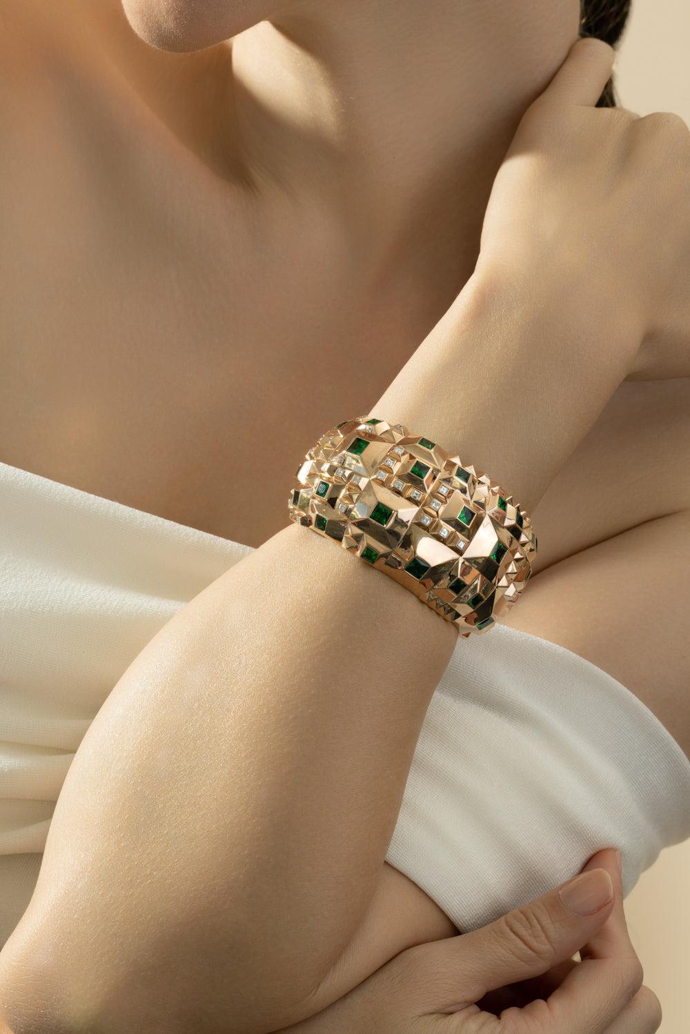 Diamond Tsavorite Cuff Bracelet-ROSE GOLD-JEWELRYFINE JEWELBRACELET O-CICADA