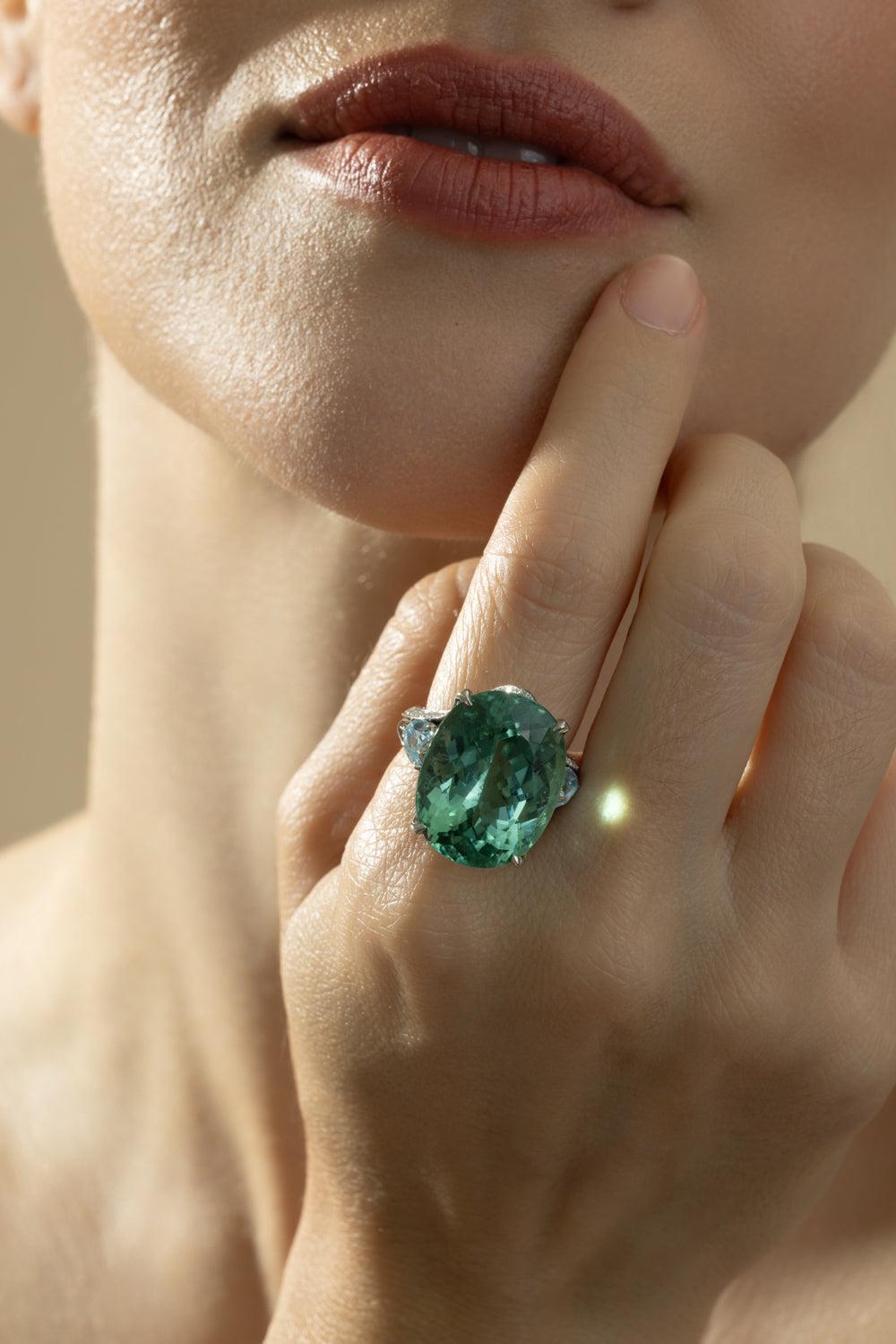 Aquamarine Tourmaline Diamond Ring-PLATINUM-5-JEWELRYFINE JEWELRING-CICADA