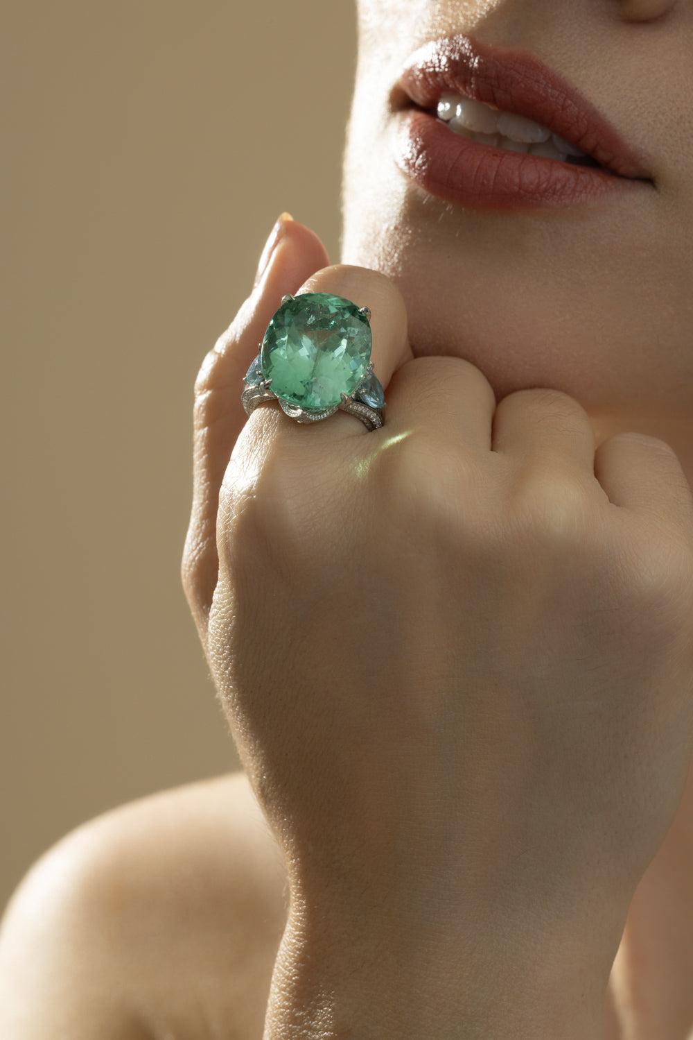Aquamarine Tourmaline Diamond Ring-PLATINUM-5-JEWELRYFINE JEWELRING-CICADA
