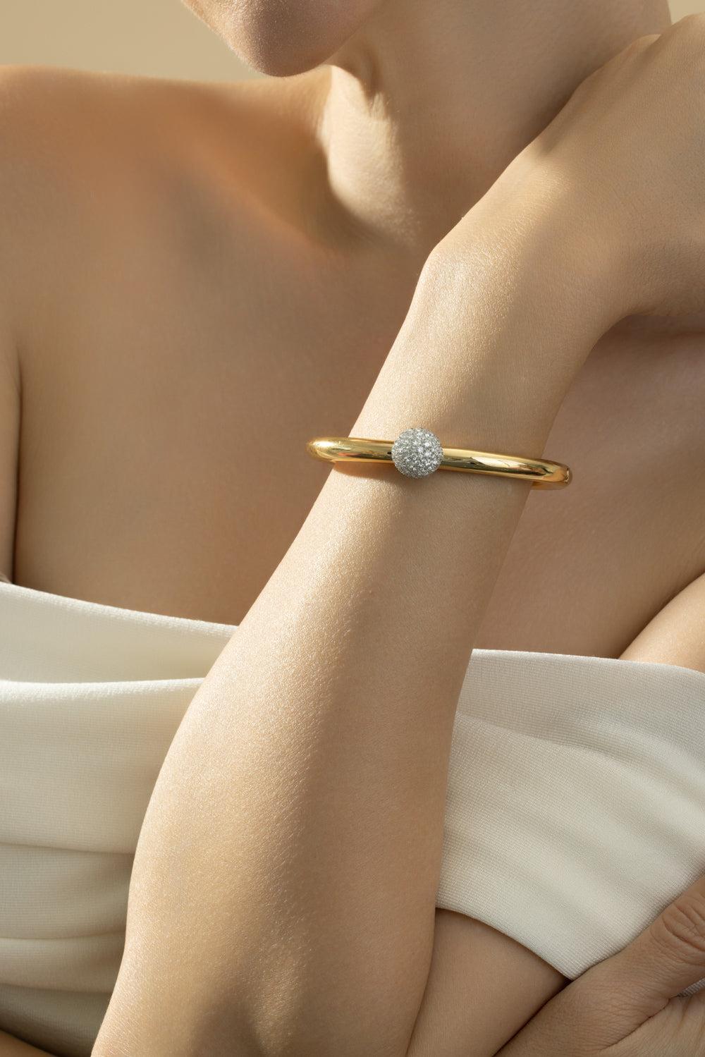 Diamond Ball Gold Bangle Bracelet-YELLOW GOLD-JEWELRYFINE JEWELBRACELET O-CICADA