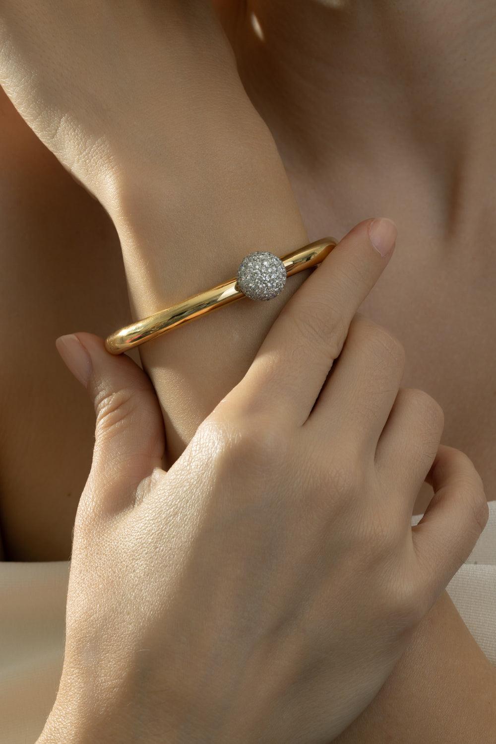 Diamond Ball Gold Bangle Bracelet-YELLOW GOLD-JEWELRYFINE JEWELBRACELET O-CICADA