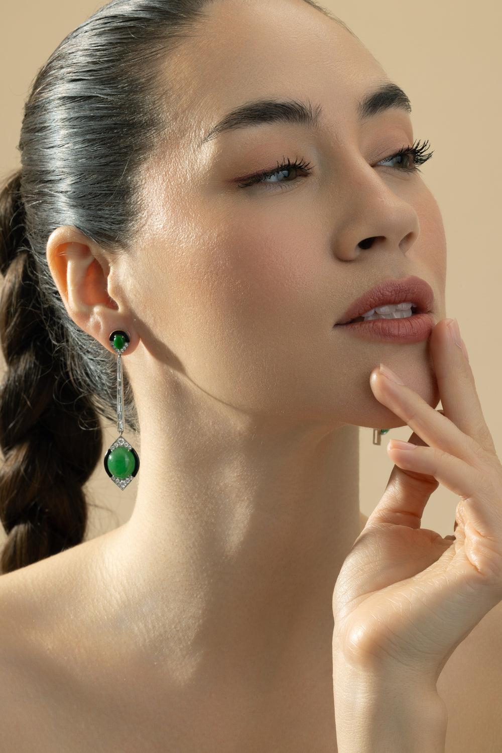 Diamond Jade Black Drop Ball Earrings-PLATINUM-JEWELRYFINE JEWELEARRING-CICADA