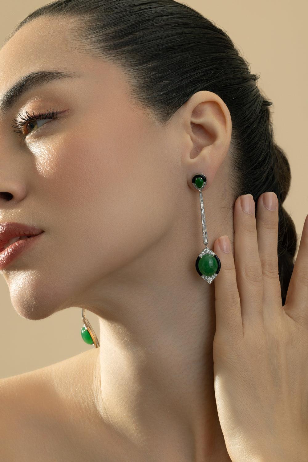 Diamond Jade Black Drop Ball Earrings-PLATINUM-JEWELRYFINE JEWELEARRING-CICADA