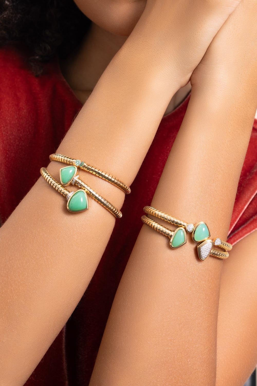 Chrysoprase Diamond Trisolina Bangle Bracelet-YELLOW GOLD-LARGE-JEWELRYFINE JEWELBRACELET O-MARINA B