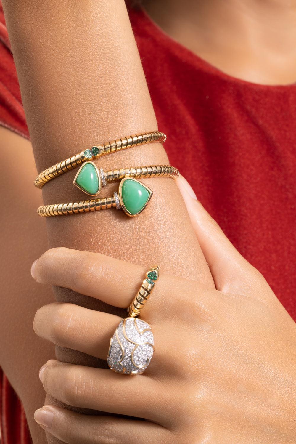 Chrsoprase Trisolina Bypass Bracelet-YELLOW GOLD-MEDIUM-JEWELRYFINE JEWELBRACELET O-MARINA B