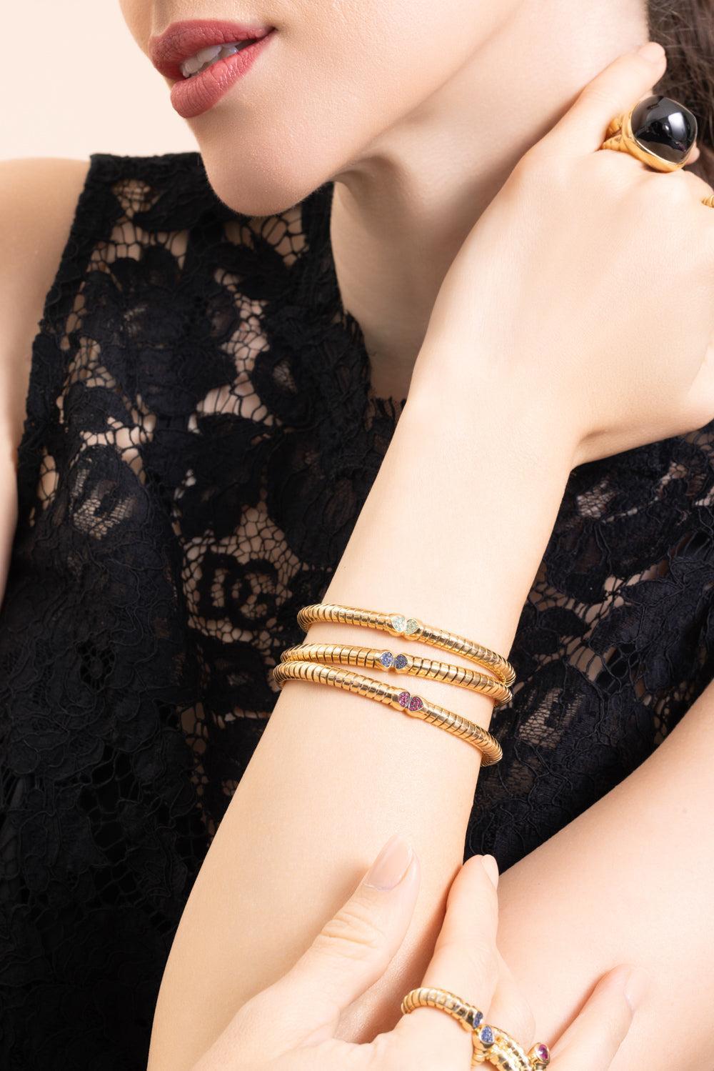 Blue Sapphire Trisolina Bangle Bracelet-YELLOW GOLD-MEDIUM-JEWELRYFINE JEWELBRACELET O-MARINA B
