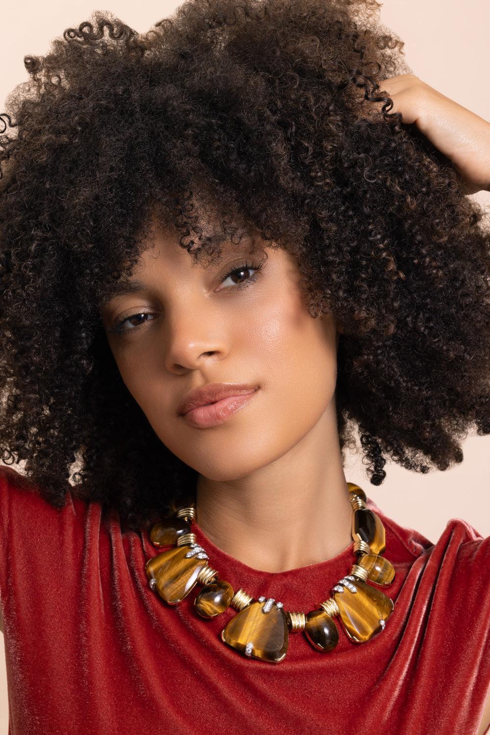 Diamond Tiger Eye Textured Carved Necklace-YELLOW GOLD-JEWELRYFINE JEWELNECKLACE O-DAVID WEBB